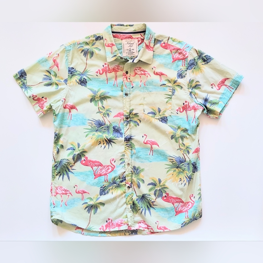 Island Life Short Sleeve Cotton Button Down Hawaiian Shirt Size XL Pink Flamingo